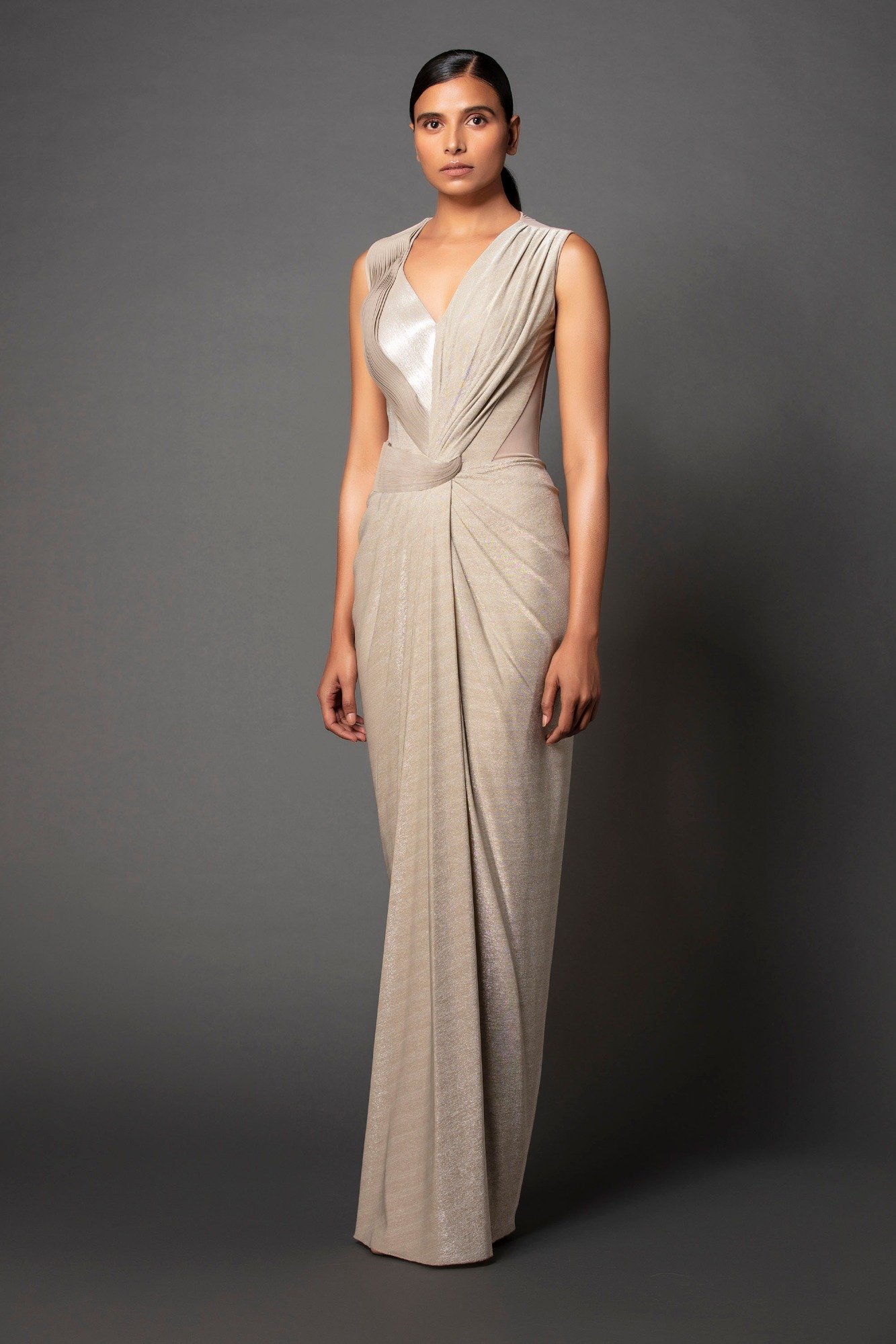 Nude One Shoulder Draped Gown Design by Na-ka at Pernia's Pop Up Shop 2024